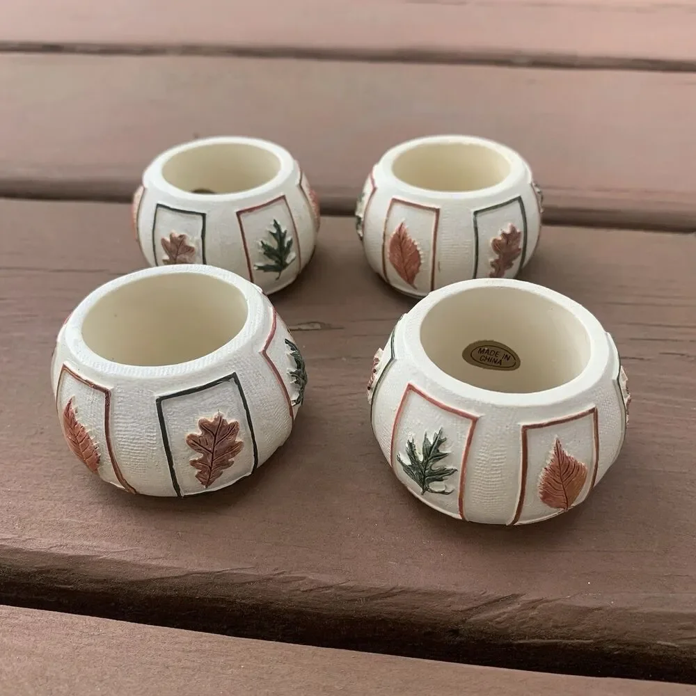 Vintage Napkin Rings 2” (4) Resin Leaves 3-D Autumn COTTAGE BOHO Thanksgiving